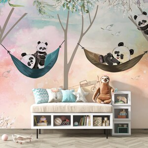 Cute Pandas Wallpaper, Kids Wallpaper, Nursery Wall Decal, Removable Wallpaper Kids, Nursery Wallpaper