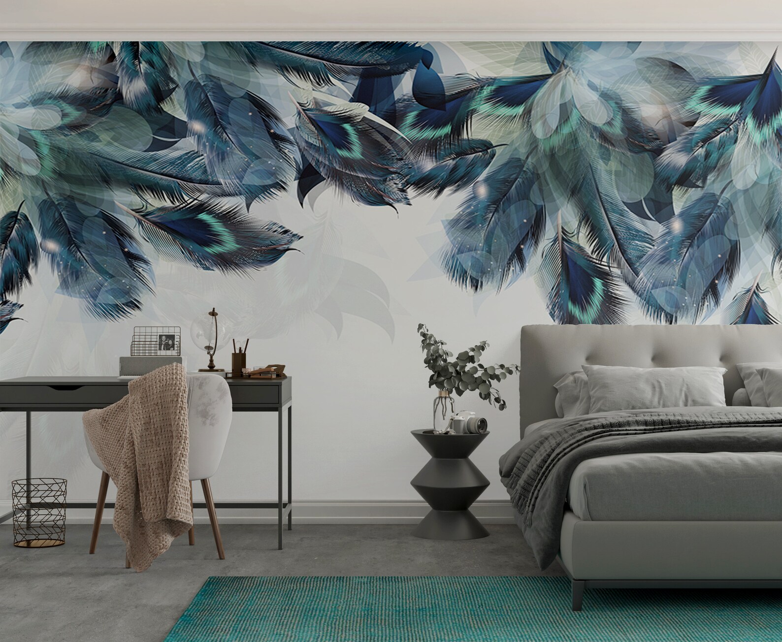 Blue Turquoise Feathers Mural Wallpaper - Etsy
