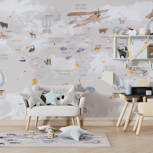 Child Map Wallpaper Removable World Map Wall Mural Little Animals Planes Wallpaper Kids Room