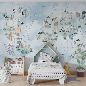 Weltkarte Wandbild, Kinderkarte mit Tierkarte Tapete, Kinderzimmer Wandkunst abnehmbare Tapete Kinderzimmer