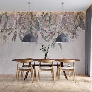 Tropical Mural Wallpaper Gold and Green Leaves Removable One Piece