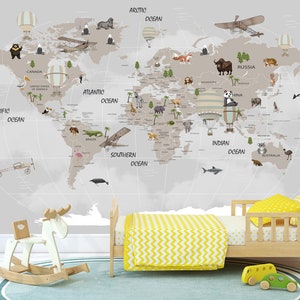 Papel pintado mural y mapa del mundo educativo para habitación de niños, animales bonitos, aviones, árboles