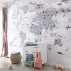 Mapa mundial para niños con animales, fondo de pantalla de diseño personalizado, fondo de pantalla de mapa mundial para niños, globos y aviones para fondo de pantalla, fondo de pantalla para niños