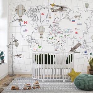 Weltkarte Wandbild Wanddekor, Kinderkarte mit Tierkarte Tapete, Kinderzimmer Wandkunst abnehmbares Einteiler