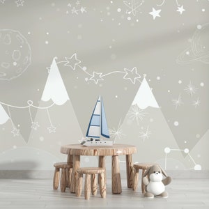 Carta da parati per la cameretta dei bambini, carta da parati con montagne con effetto acquerello, rimovibile, in un unico pezzo