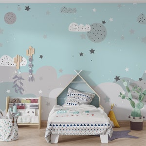 Carta da parati per cameretta dei bambini in stile nordico con colori pastello, carta da parati moderna rimovibile e personalizzabile per bambini. Decorazione murale per la stanza dei bambini dei ragazzi e delle ragazze