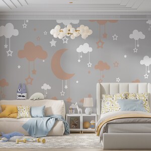 Nuvole volanti fresche, colori tenui, luna e stelle, carta da parati murale per la camera dei bambini