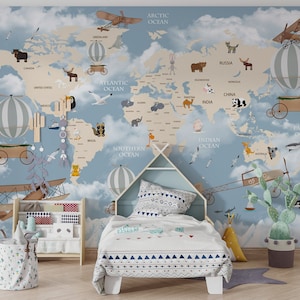 Kinderkarte Tapete abnehmbare Weltkarte Wandbild kleine Tiere Tapete Kinderzimmer