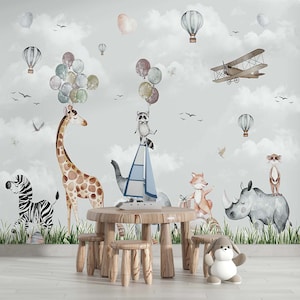 Kids Wallpaper | Kids Safari Jungle Animals Balloons Wall Mural | Safari Wallpaper