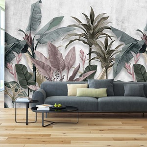 Carta da parati murale in carta tessile con alberi tropicali in colori tenui