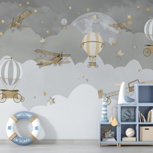 Soft Color Kids Wallpaper | Kids Animals with Hot Air Balloon Wall Mural
