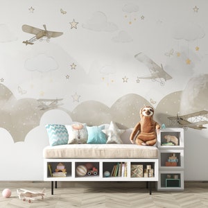 Papel tapiz Mural para habitación de niños, Color suave, avión volador, nubes, estrellas, mariposa, fondo Beige