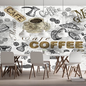Papel de parede mural de design especial com letras de café para restaurante Patisserie em piso de concreto cinza