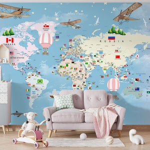 Child Map Wallpaper  Removable World Map Wall Mural Pink Hot Air Balloons Stars and Planes