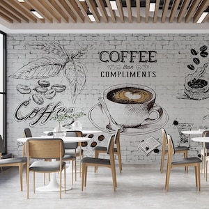 Elegante cartel de café personalizable, mural de café de estilo francés, mural de cafetería, fondo de pantalla de cafetería, fondo de pantalla extraíble de restaurante de una pieza