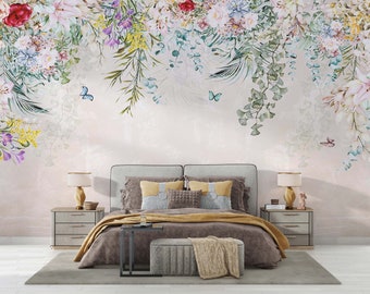 Watercolor colorful flowers and butterflies Mural Wallpaper