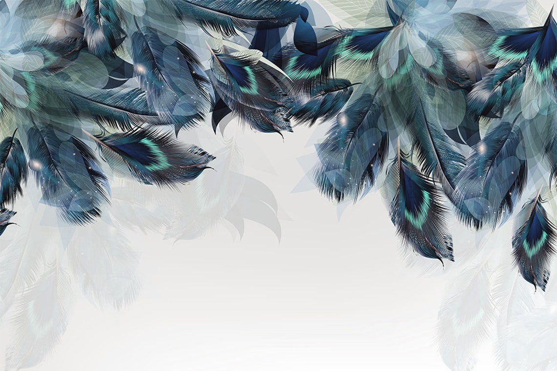 Blue Turquoise Feathers Mural Wallpaper - Etsy