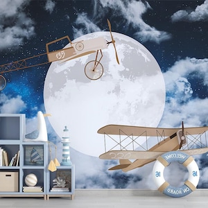 Kinder Tapete | Flugzeug auf dem Mond Wandbild | Kinder Tapete