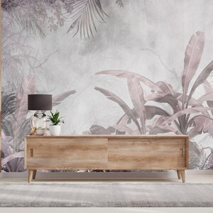 Carta da parati murale tropicale I Foglie di gomma rossa, alberi e fiori I Design speciale I Personalizzabile Rimovibile I Un pezzo I Facile da incollare