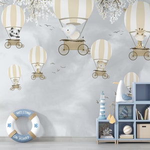 Soft Color Soft Color Kids Wallpaper | Kids Animals Flowers with Hot Air Balloon Wall Mural