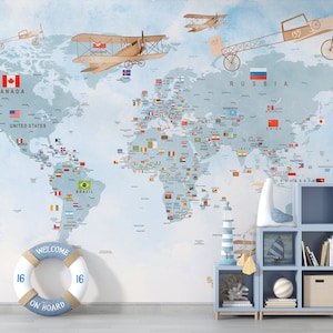 Child Map Wallpaper Removable  World Map Wall Mural Country Flags Wallpaper Kids Room