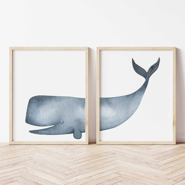 Whale Print Set of 2, Printable Wall Art, Whale Poster, Whale Nursery Décor, Watercolor Art, Kids Room Décor, Instant Printable Download