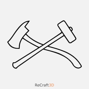 May include: Black and white line art illustration of a crossed axe and sledgehammer. The axe has a curved blade and the sledgehammer has a rectangular head. The image is set against a light gray background. The text "ReCraft3D" is at the bottom.