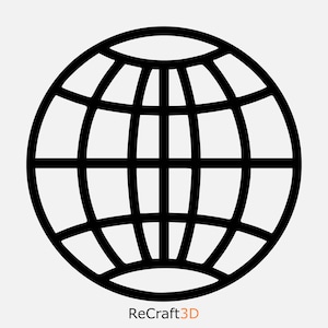 May include: Black and white line art illustration of a globe. The globe is a simple design with lines representing the equator and meridians.
