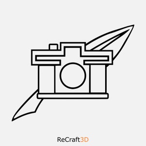 May include: Line drawing of a camera with a leaf design behind it. The camera is black and white and has a simple design. The leaf is also black and white and is in the shape of a feather.