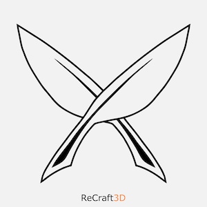 May include: A black and white line drawing of two crossed swords. The swords are stylized and have a sharp point. The drawing is simple and elegant.
