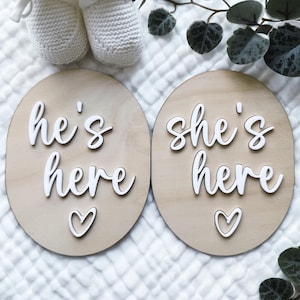 Pregnancy Announcement Duo Plaque's | Surprise Gender  | Birth Announcement | She's Here He's Here Gender Photo Prop | Boy or Girl Reveal