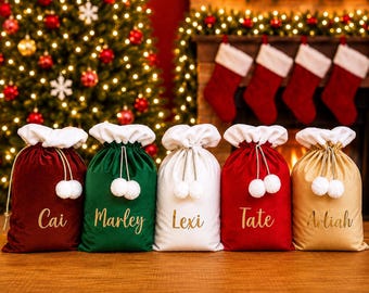 Velvet Santa Sack | Christmas Sack | Personalised Velvet Santa Sack With Pom Pom | Custom Holiday Sack | Personalised Gift Bag