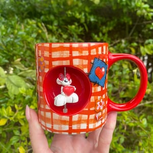 Cute Diddlina red ceramic mug Thomas Goletz Germany, Diddl friends figural 3D effect tea coffee mug cup