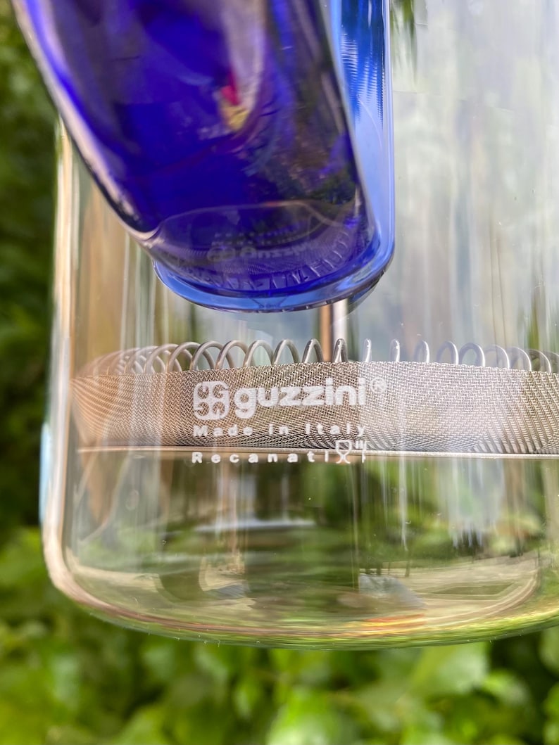 Puede incluir: Una jarra de vidrio transparente con una parte superior azul y un filtro de malla de acero inoxidable. La jarra tiene la marca "guzzini" y "Made in Italy" impresas. Tambi&eacute;n es visible el texto "Recanati".