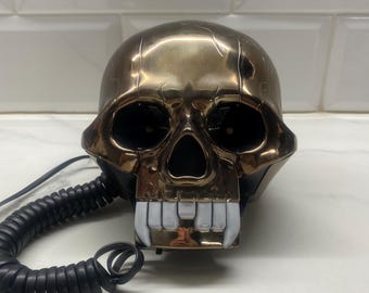 Vintage Black Skull Telephone 1990s WORKING, cool unusual skull shape phone with light up eyes