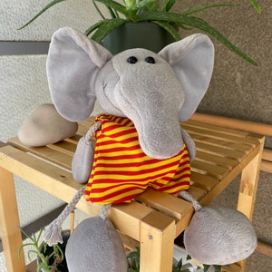Grey Elephant soft plush toy by Walter Steinbeck Germany Igel in a bright striped outfit, stuffed cute animals for gifts