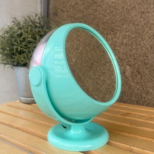 Vintage Round Vanity Mirror 1970s made in West Germany, retro ball shape adjustable tabletop menthol green make-up mirror Space Age