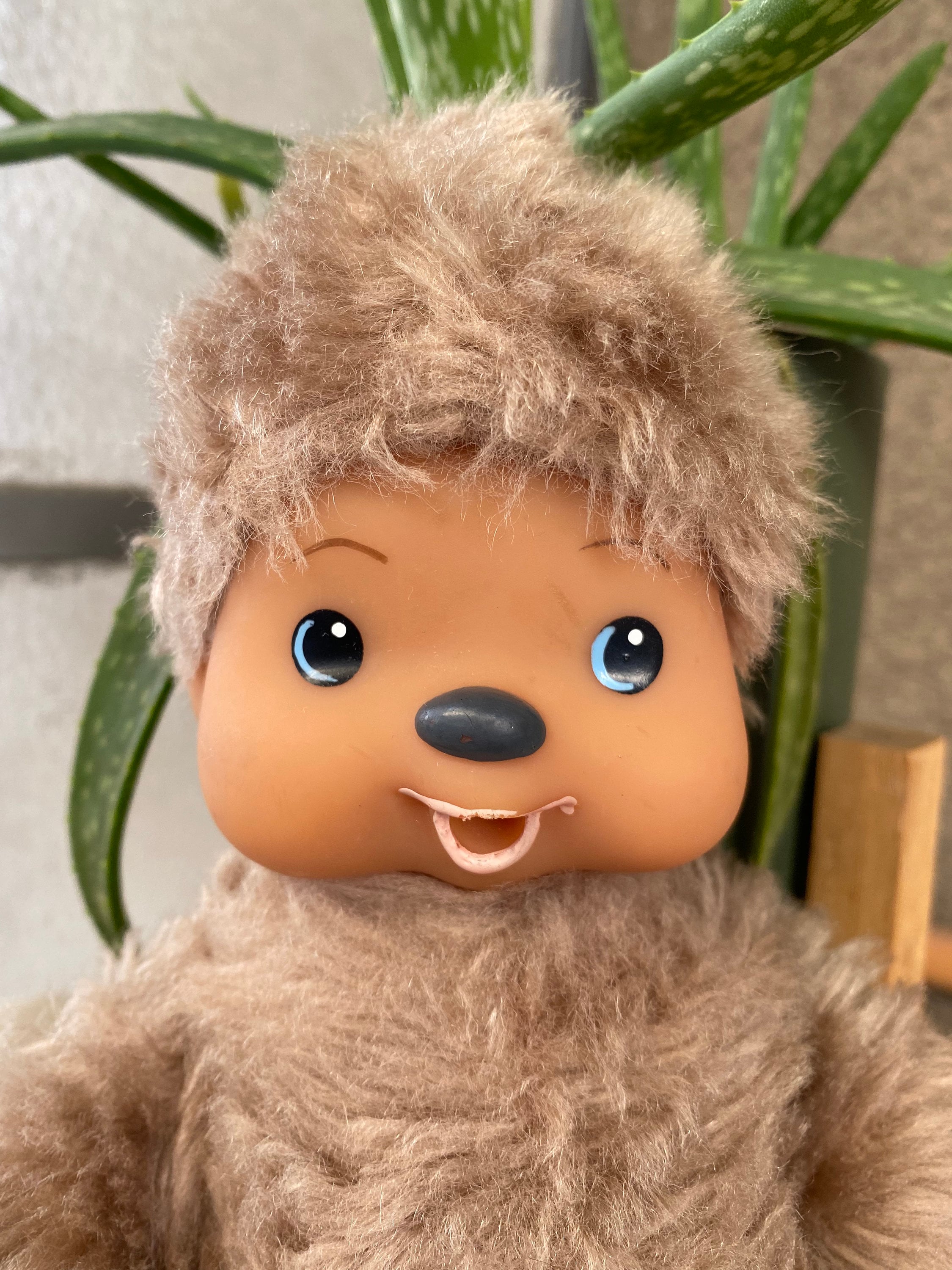 * vintage animal ୨୧ * ふわもこ brown クマちゃん Vintage Beige Monkey Plush Thumb Sucking 1980s DDR