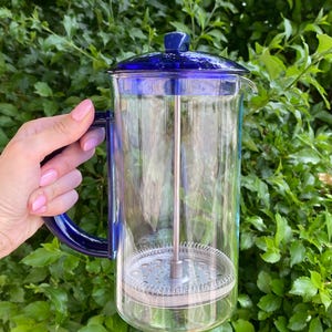 Puede incluir: Una cafetera de prensa francesa de vidrio transparente con asa, tapa y ribetes azules. El interior presenta un filtro y un &eacute;mbolo de acero inoxidable. La cafetera se sostiene contra un fondo de follaje verde.