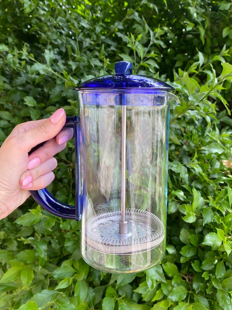 Puede incluir: Una cafetera de prensa francesa de vidrio transparente con asa, tapa y ribetes azules. El interior presenta un filtro y un &eacute;mbolo de acero inoxidable. La cafetera se sostiene contra un fondo de follaje verde.