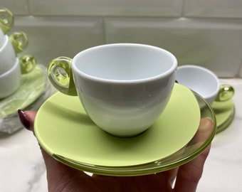 Green & white porcelain espresso cups and saucers Guzzini Italy 1980s, vintage set of 6 new in a box unused Italian tableware Feeling Line
