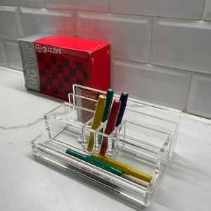 Guzzini Lucite Big VIP Desk Organizer Italy 1980s new old stock in box, rare clear pen & paper holder big size VIP Office Line Guzzini