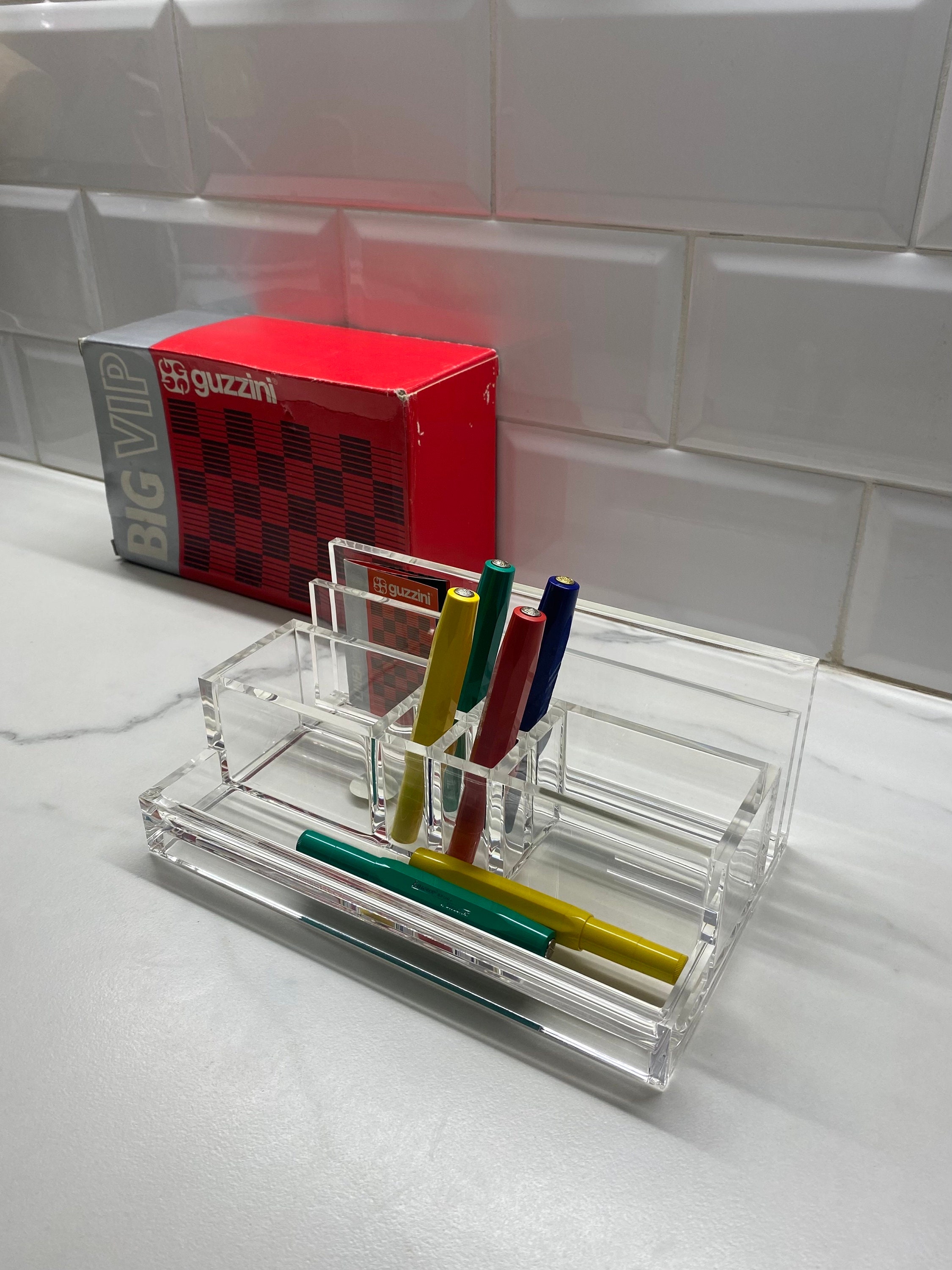 Guzzini Lucite Big VIP Desk Organizer Italy 1980s new old stock in box