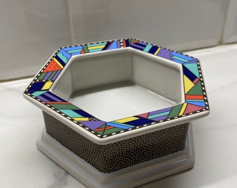 Vintage Hexagon bowl Rosenthal Germany 1980s, Memphis Style geometric porcelain colourful tableware