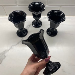Black glass ice cream bowls Fidenza Italy 1980s new old stock, Italian vintage set of 4 unused footed tall dessert glasses