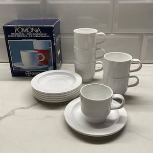 Guzzini vintage set of 6 small espresso cups and saucers white new in a box Italy 1980s Pomona Line