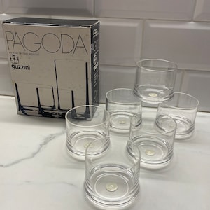 Vintage Guzzini Pagoda Tumbler Set of 6 acrylic clear glasses new old stock in a box 1980s Italy