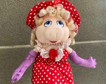 Seltene Miss Piggy Handpuppe Plüschtier von Eden 1990s, sammelbar Jim Henson der Muppet Show gefüllte Miss Piggy Puppe im roten Tupfen Kleid