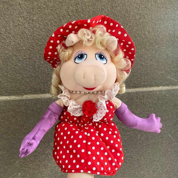 Rare Miss Piggy hand puppet plush toy by Eden 1990s, collectable Jim Henson’s the Muppet Show stuffed Miss Piggy doll in red polka dot dress