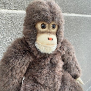 Vintage Steiff Monkey Jocko plush 1850-60s, old brown stuffed Chimpanzee Steiff Germany collectable toy with button in ear & yellow tag